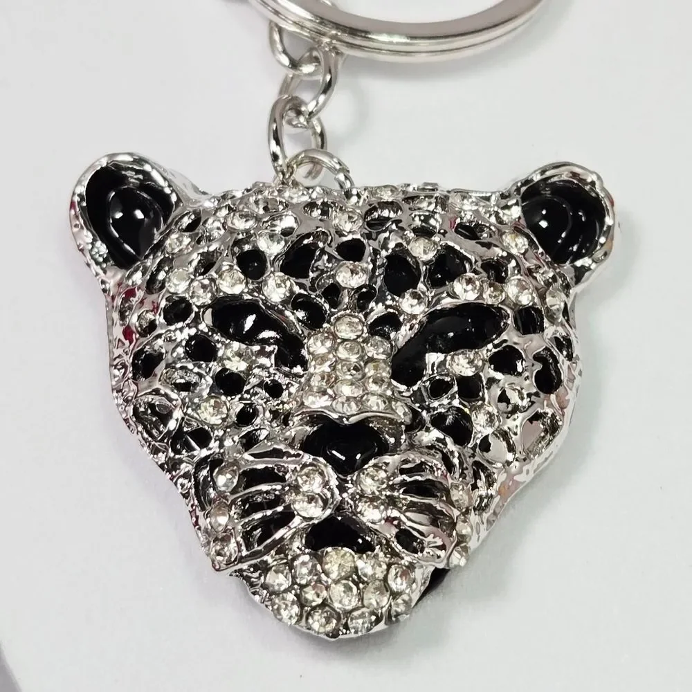 Silver Leopard Head Rhinestone Bag Charm Keychain Black Crystal Animal Keyring